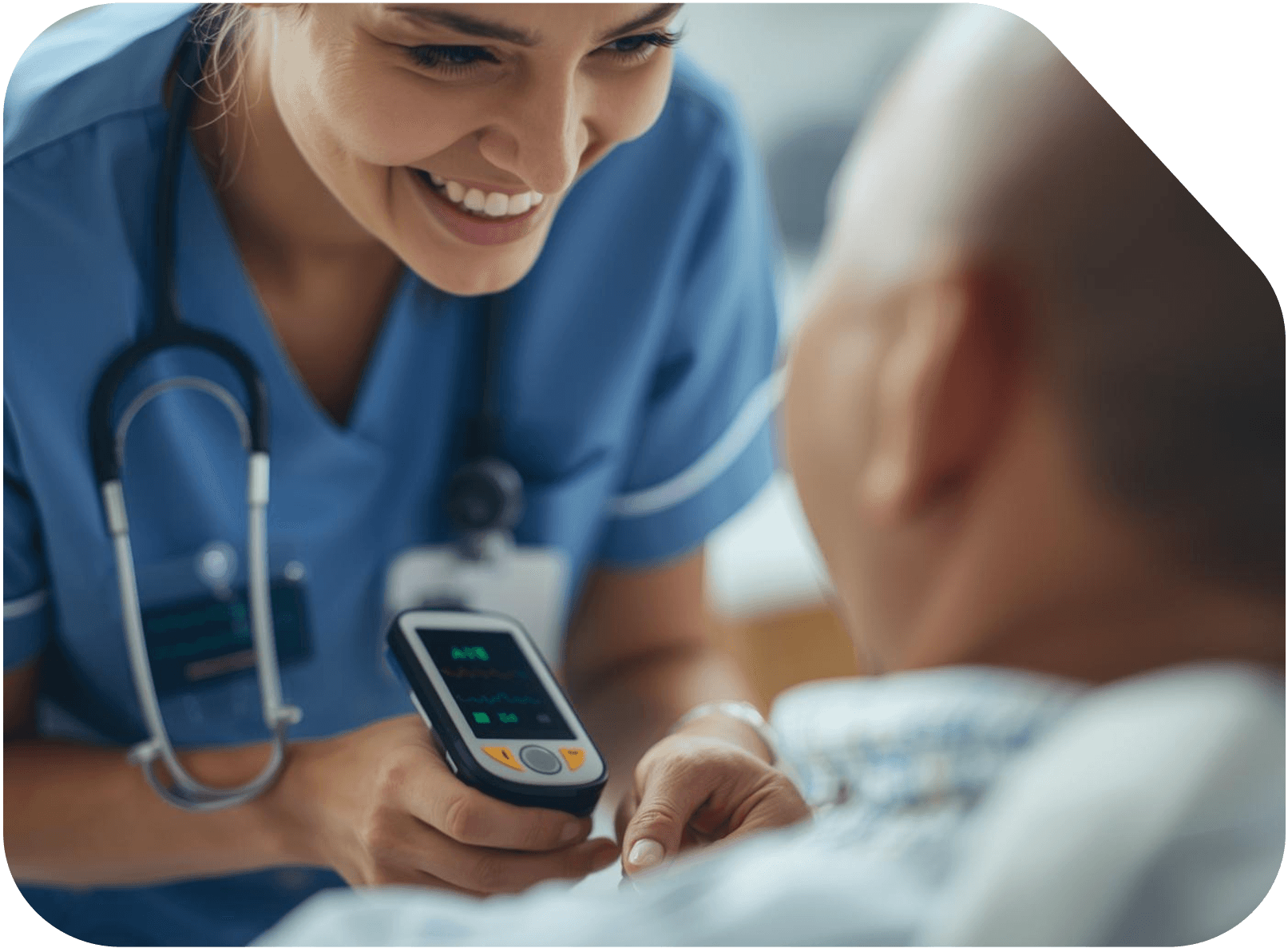 Nurse monitoring patient with catheter